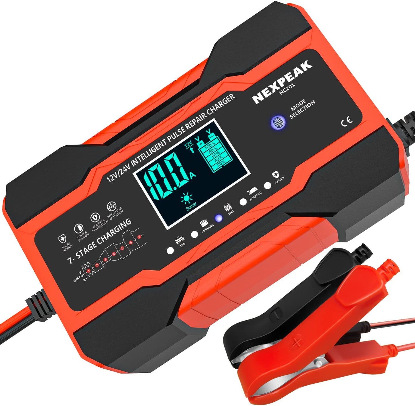 10-Amp Car Battery Charger, Smart Trickle Charger Fully Automatic 12V 24V Battery Charger Maintainer W/Temp Compensation
