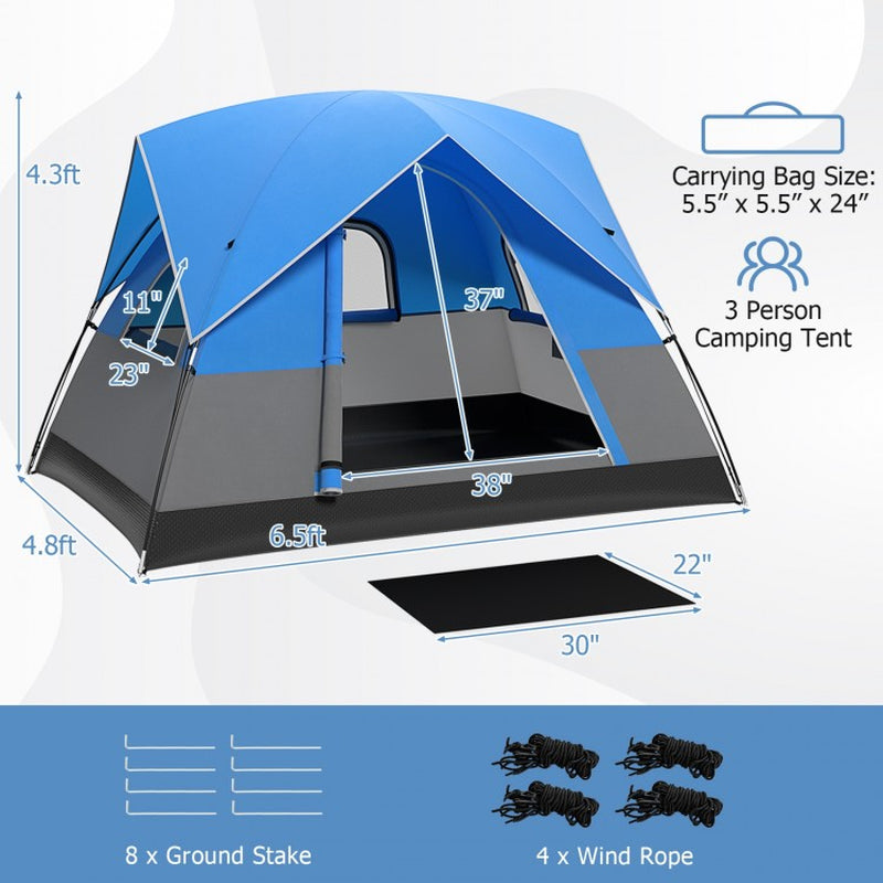 Three-Person Outdoor Camping Tent with Detachable Floor Mat for Hiking and Travel