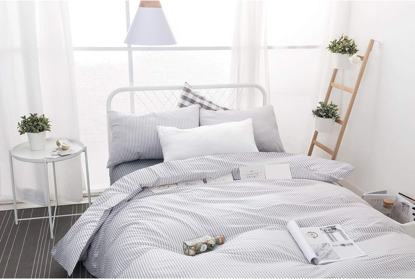 - Striped Duvet Cover Set, 100% Cotton Bedding, Gray Grey Vertical Ticking Stripes Pattern Printed on White, with Zipper Closure (3Pcs, Full Size)