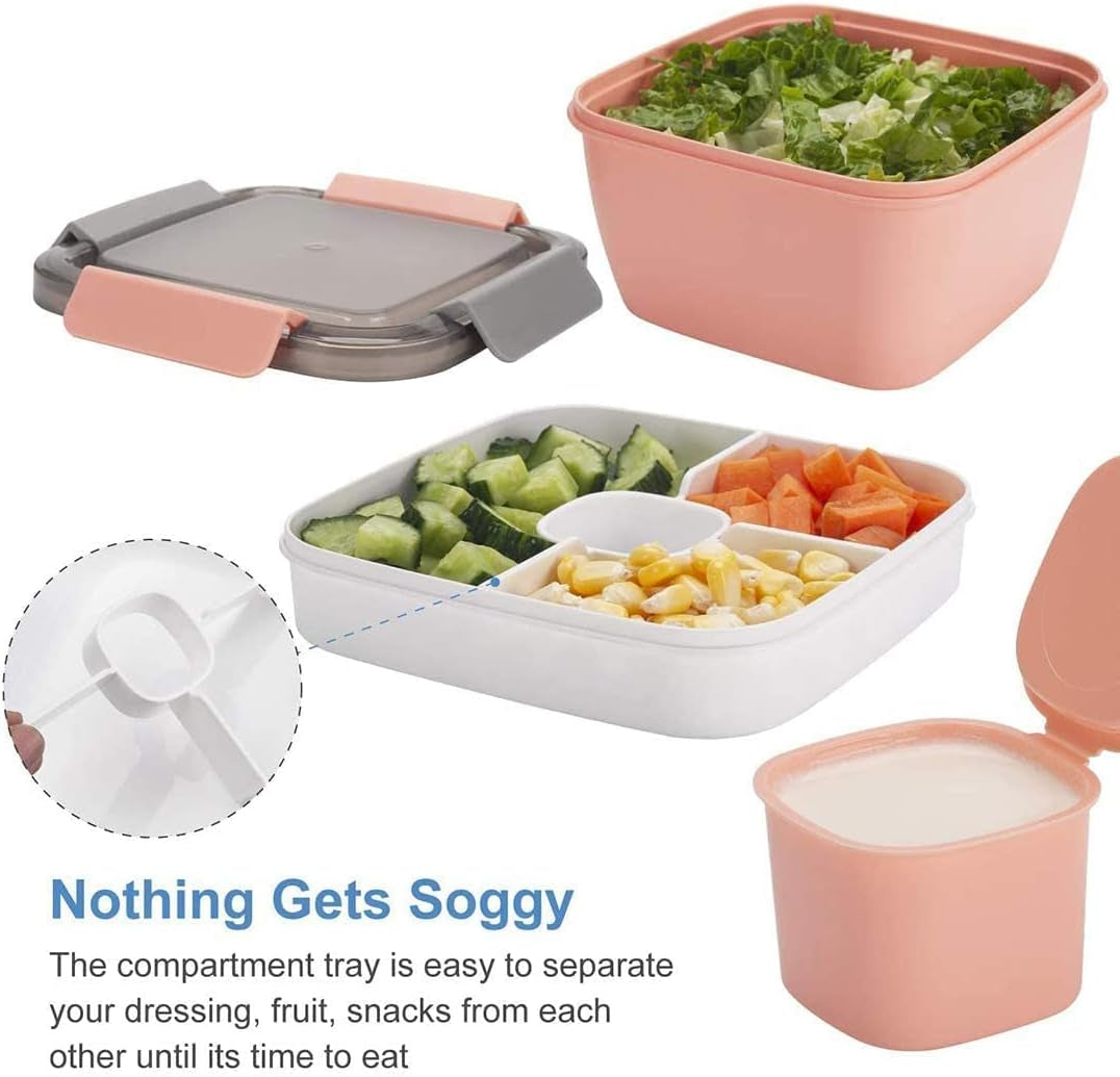 52Oz BPA-Free Salad Lunch Container with Dressing Compartment and 3 Compartments (Pink)