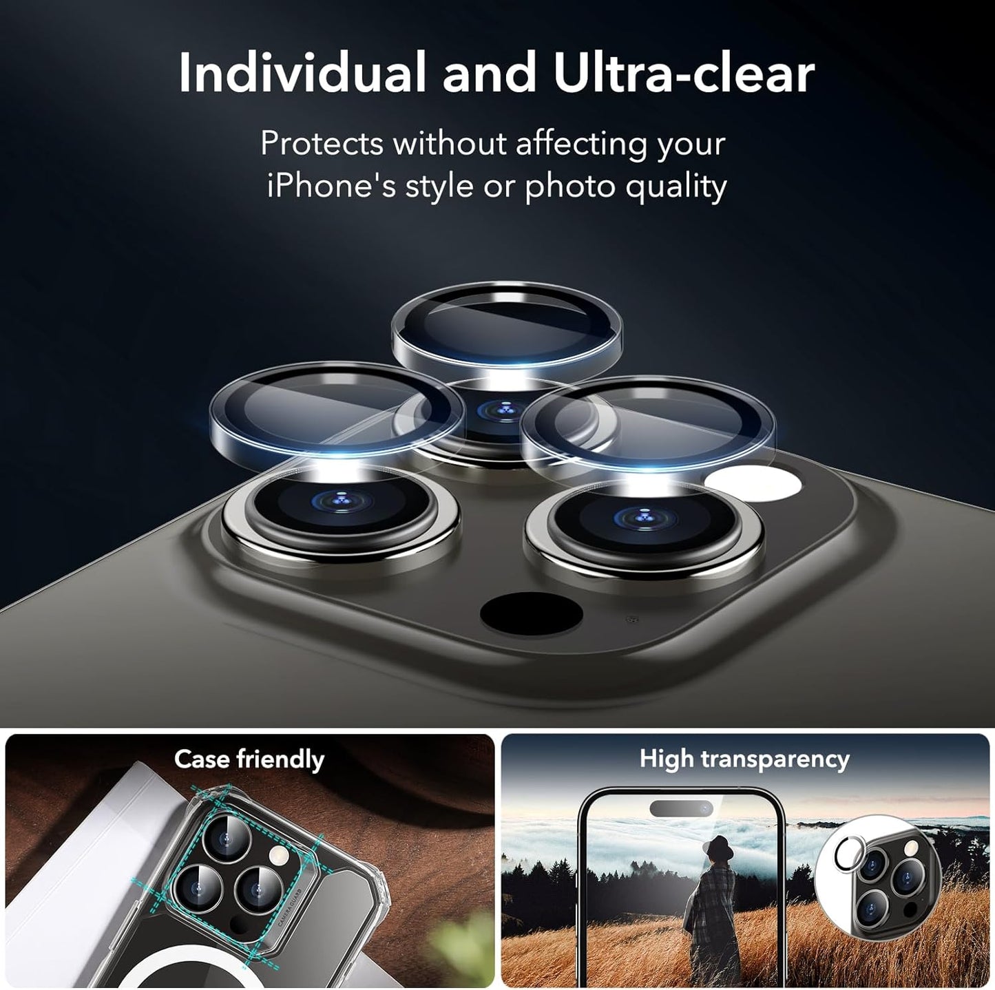 Screen Protector Set, 3 Tempered-Glass Screen Protectors and 1 Set Individual Lens Protectors, 2.5D Curved Edges, Scratch Resistant