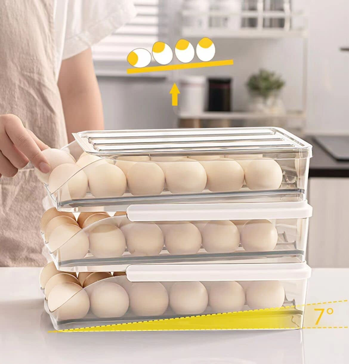 Large Capacity Egg Storage Organizer for Refrigerator with Lids, Auto Rolling Egg Container Tray, 2-Layer Fridge Storage