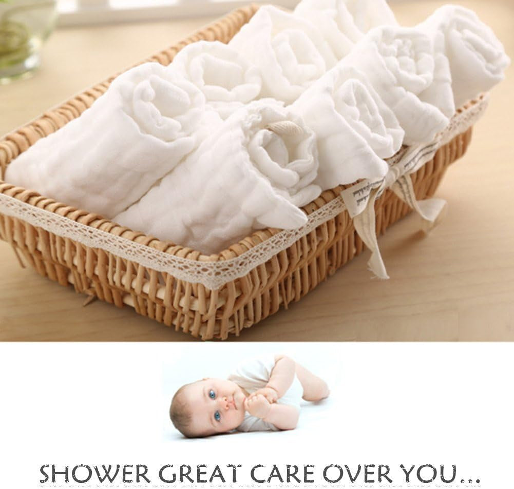 Baby Muslin Washcloths - Natural Muslin Cotton Baby Wipes - Sensitive Skin- 10 Pack 12X12 Inches (White)