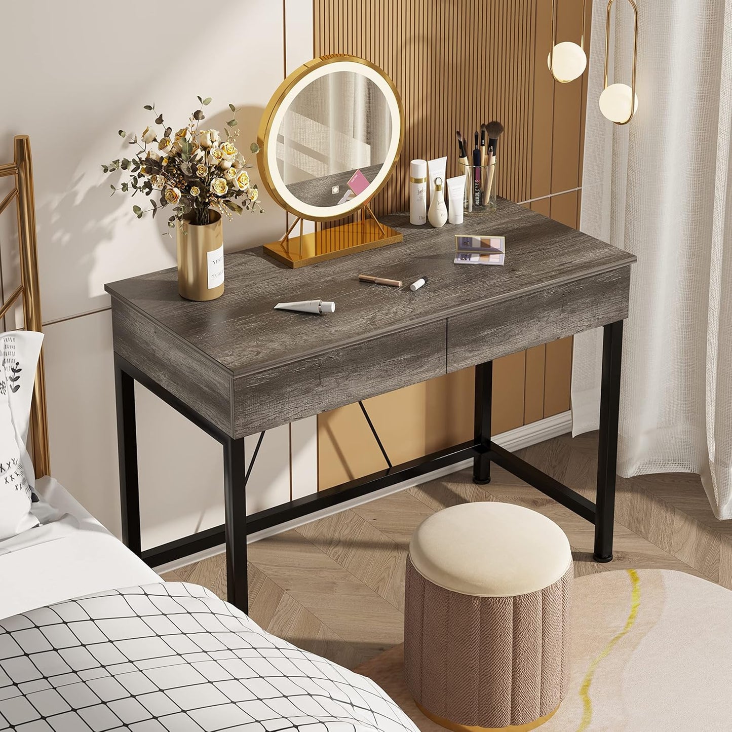 Wood and Metal Computer Desk with Drawers - Versatile Vanity and Makeup Table for Home Office and Small Spaces, 39.4" in White