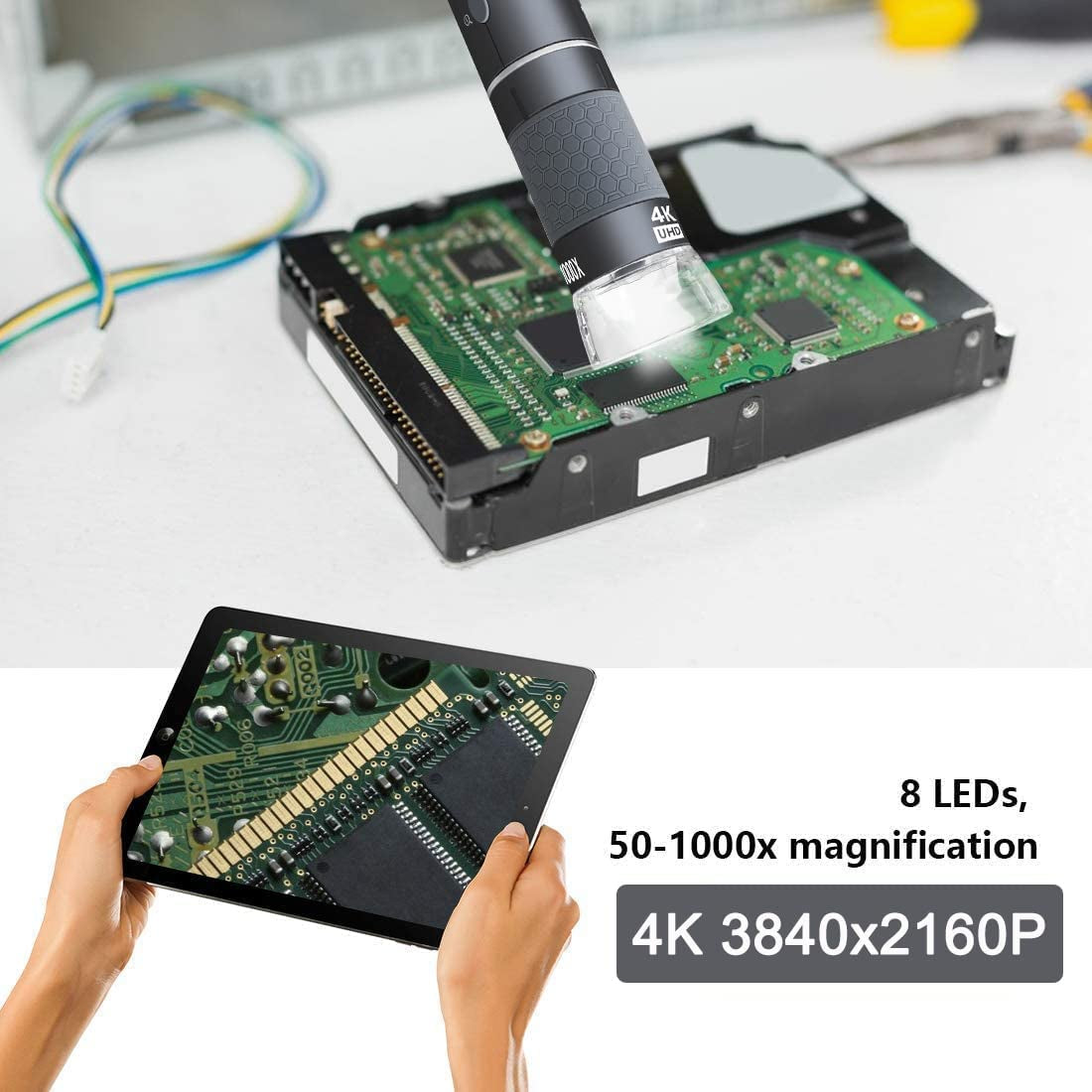 Wireless Digital Handheld Microscope - 4K Camera, 50-1000X Magnification, and Metal Stand for iPhone, iPad, Android, Mac, Windows, and Linux