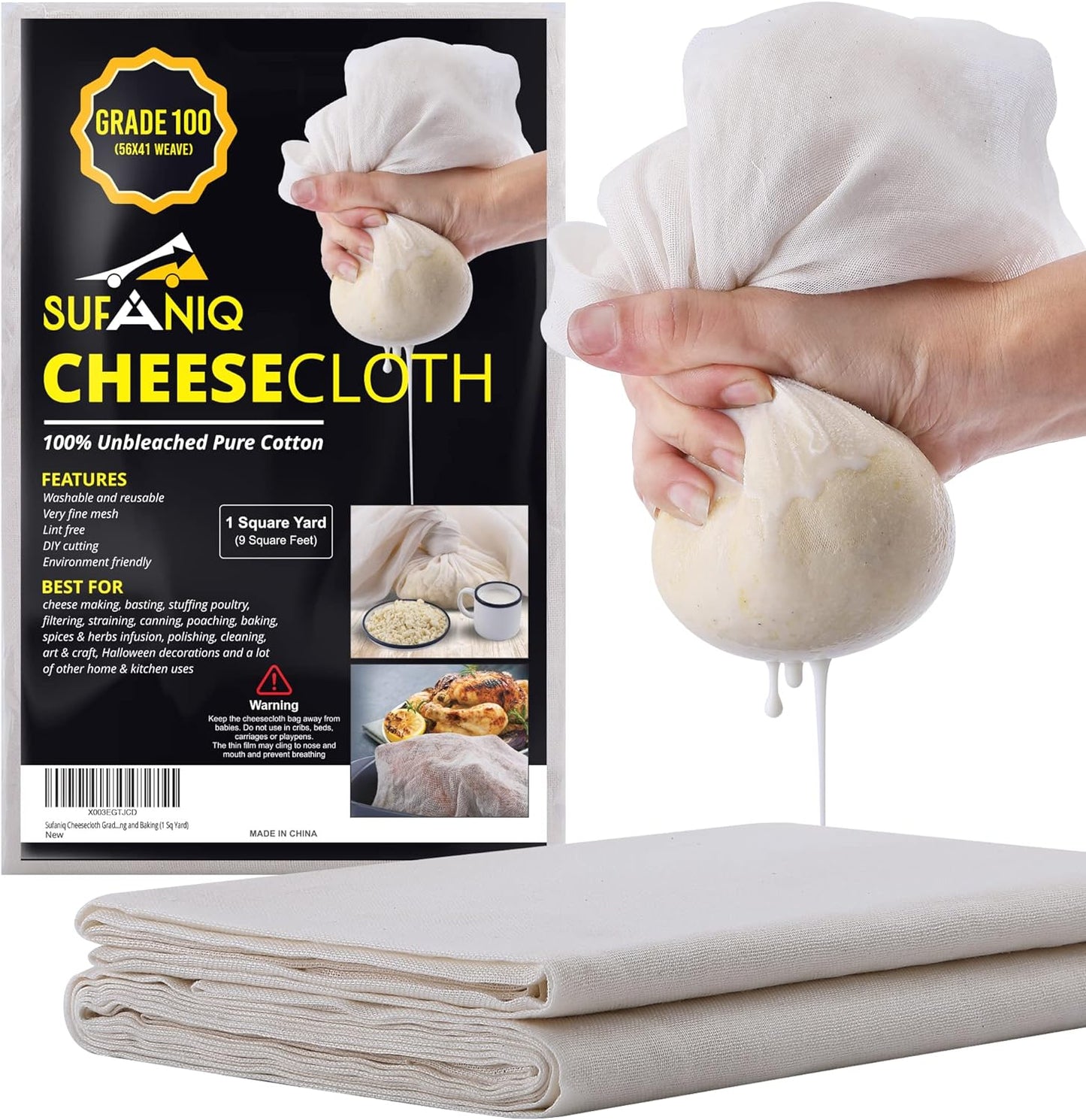 Premium Grade 90 Cheesecloth - 100% Pure Unbleached Cotton, Reusable Ultra Fine Fabric for Straining and Butter Muslin, 9 Sq ft