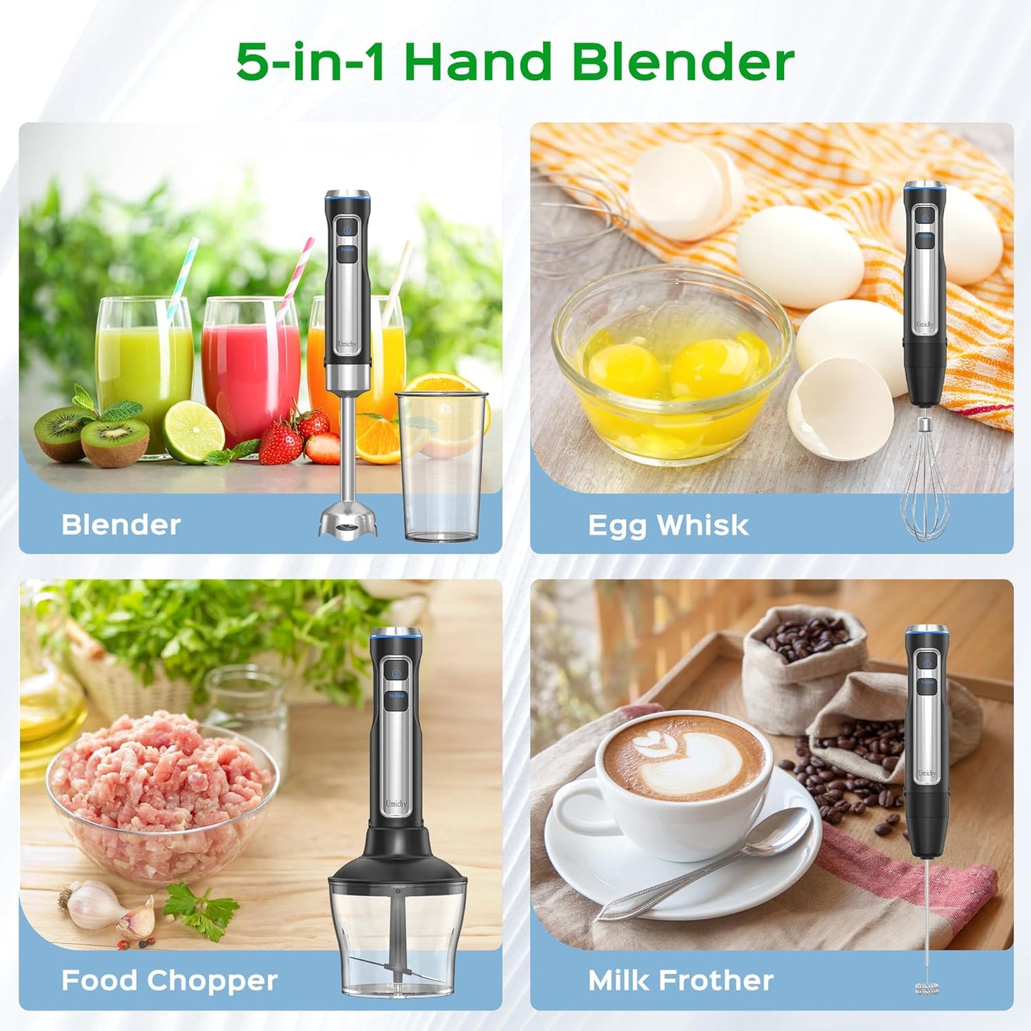 High-Performance 1000W Electric Immersion Blender with 21 Speed Settings and Turbo Mode, 5-in-1 Handheld Blender Set