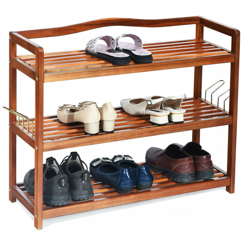 Acacia Wood Shoe Rack with 2-Tier, 3-Tier, and 5-Tier Options and Side Metal Hooks