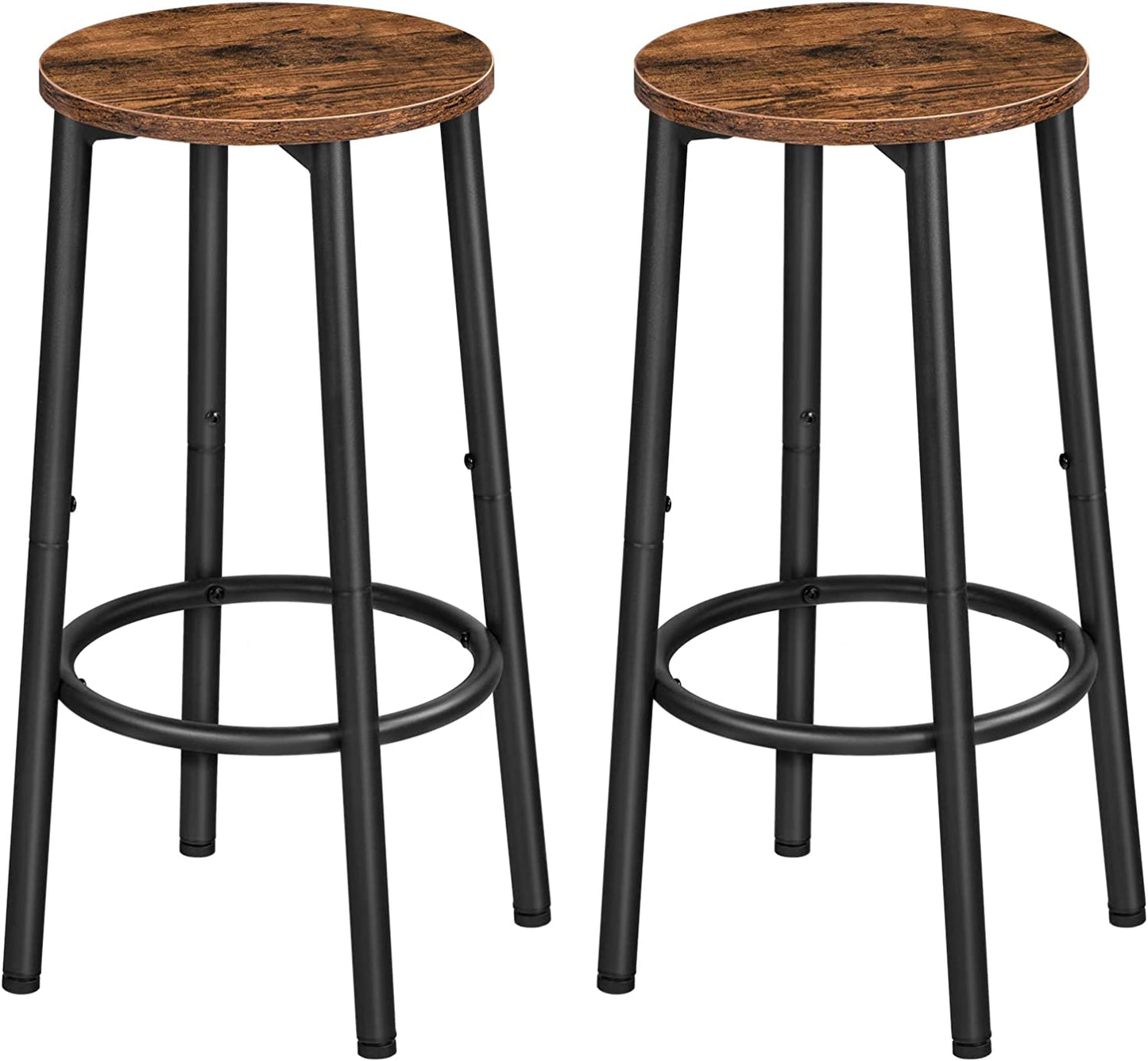 Set of 2 Round Bar Stools with Footrest, Sturdy Steel Frame, Brown Finish