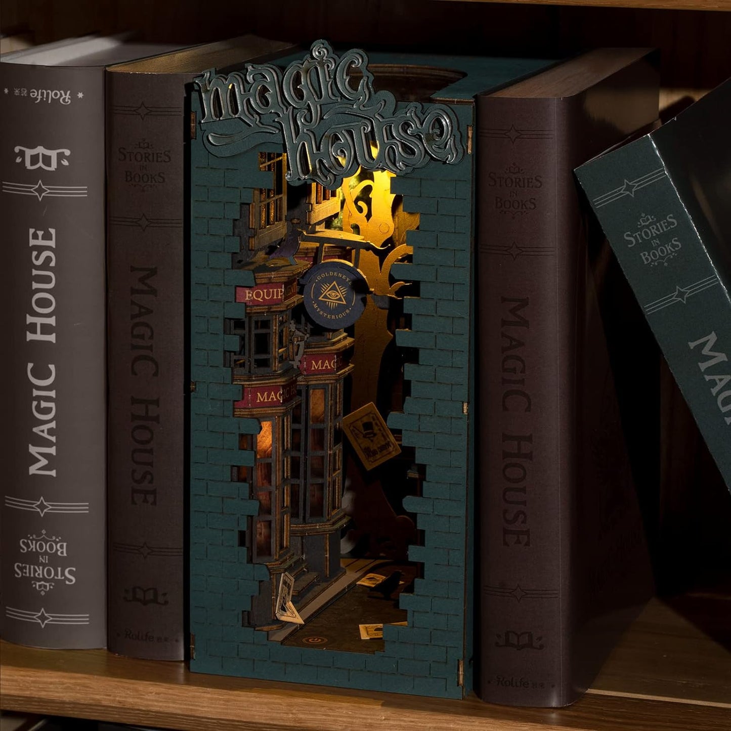 Book Nook 3D Wooden Puzzle, DIY Bookshelf Insert Decor Building Set Model Kit with LED Light for Adults Kids- Magic House