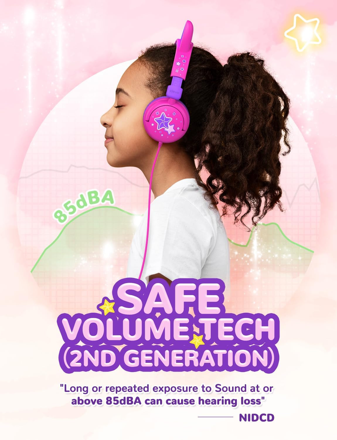 Children's Cat Ear Headphones with LED Lights, 85dBA Volume Limiting, Stereo Sound, Foldable Wired Design for Travel and School, Compatible with iPads and Tablets, Meow Lollipop - Hot Pink