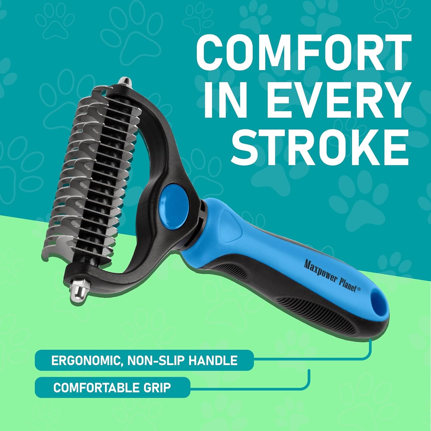 Pet Grooming Brush - Double-Sided Shedding, Demating Tool - Dogs, Cats - Undercoat Rake - Reduces Shedding by 95% - Blue