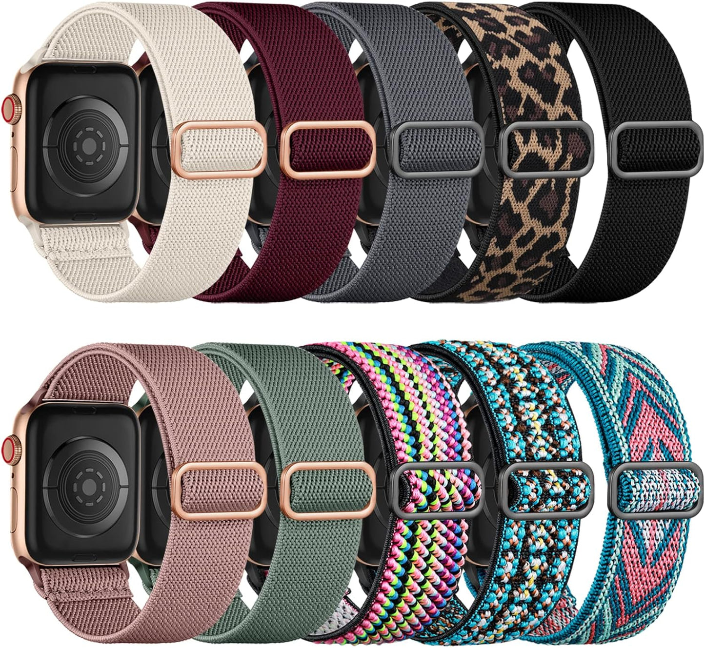 10-Pack Stretchy Solo Loop Compatible with Apple Watch Bands (38mm to 49mm) - Soft Nylon Elastic Strap Bracelet for All Series Including Series 1-10 and SE Ultra for Men and Women