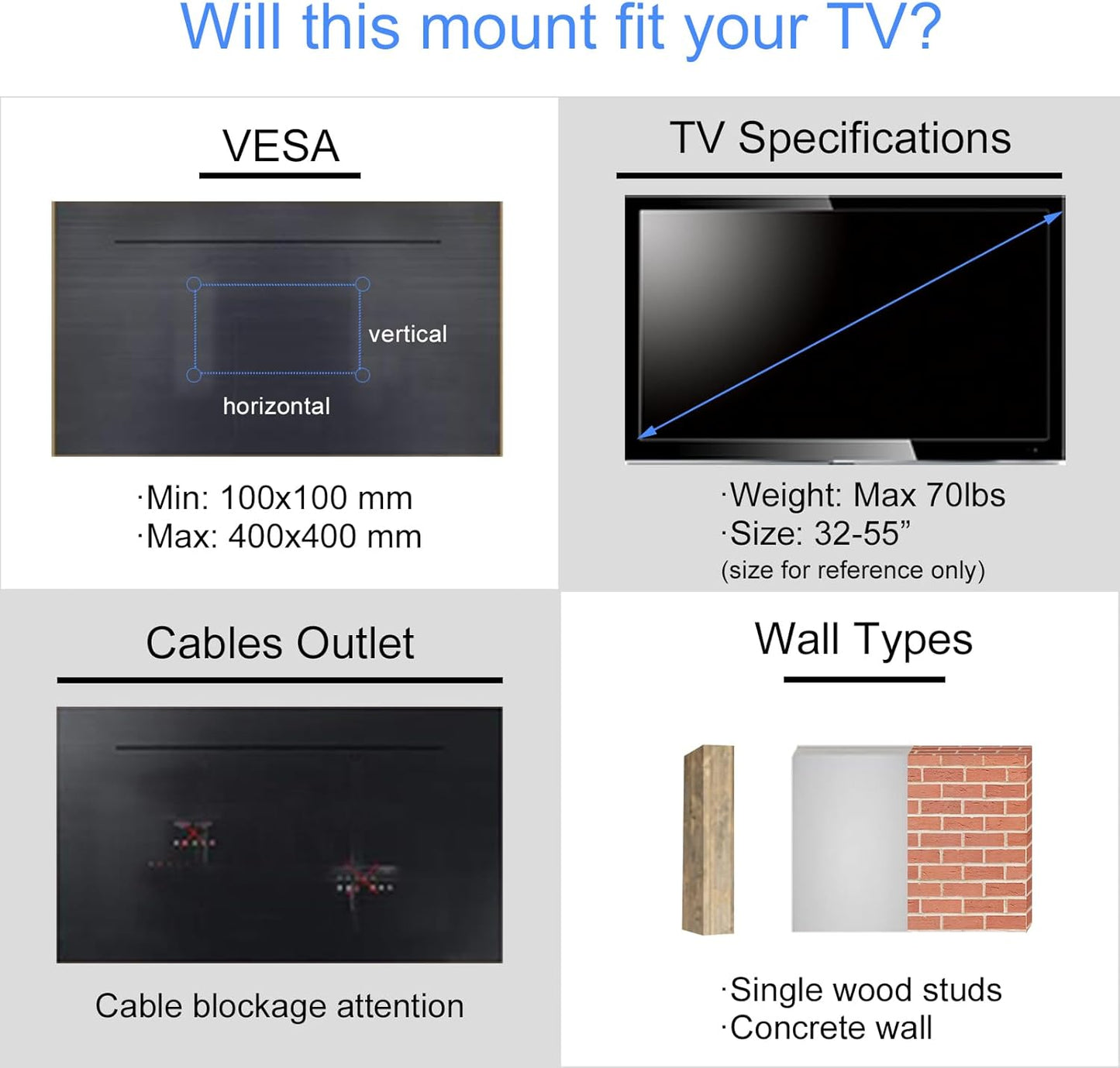 Adjustable TV Wall Mount with Swivel and Tilt Function for 32-55 Inch TVs up to 70 lbs, VESA 400x400 mm