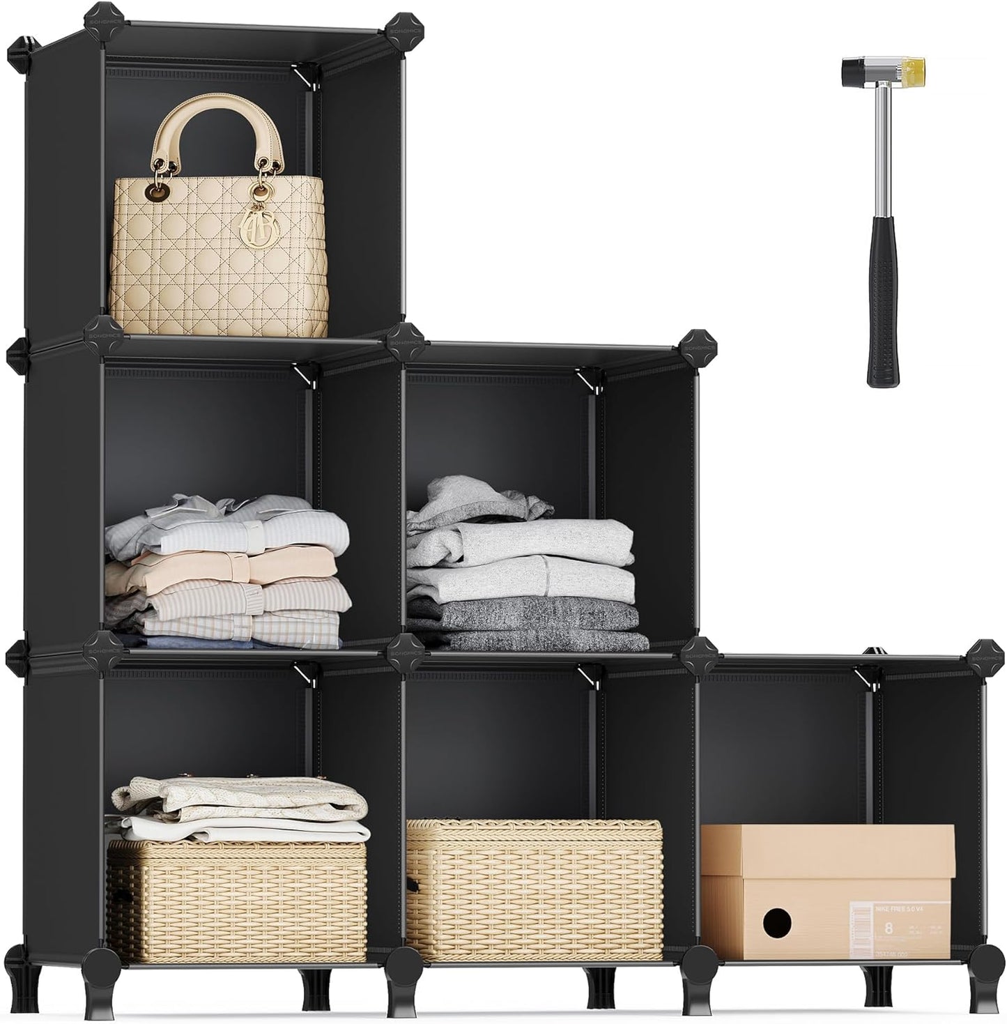 6 Cube Storage Organizer, DIY Closet Shelf, Plastic Clothes Organizer, Modular, 11.8 X 11.8 X 11.8 Inch Cubes, with Feet and Rubber Mallet, Black