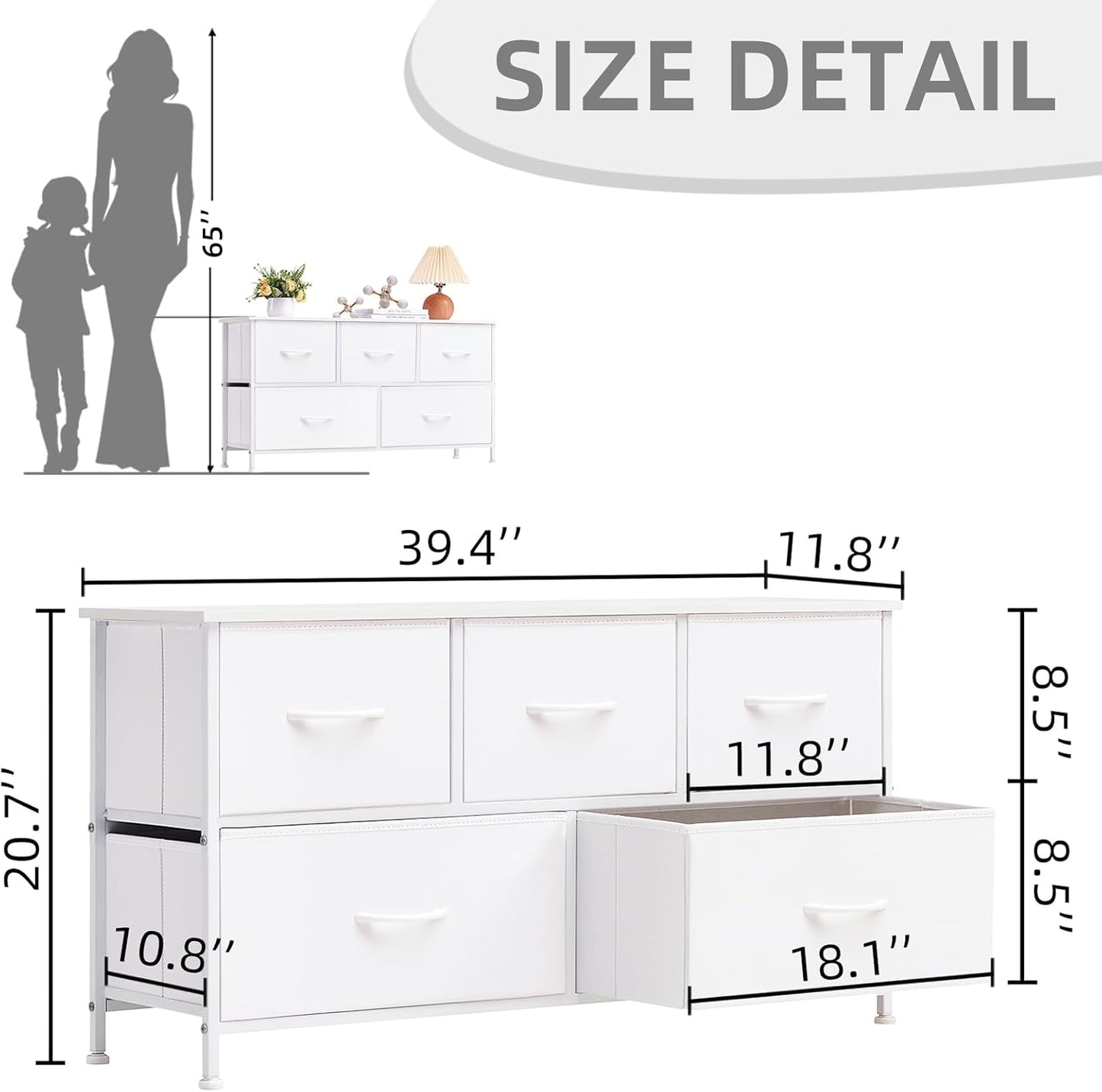 Elegant 5-Drawer Dresser with Fabric Bins - Versatile Storage - Bedroom, Living Room, Nursery - White Leather Finish