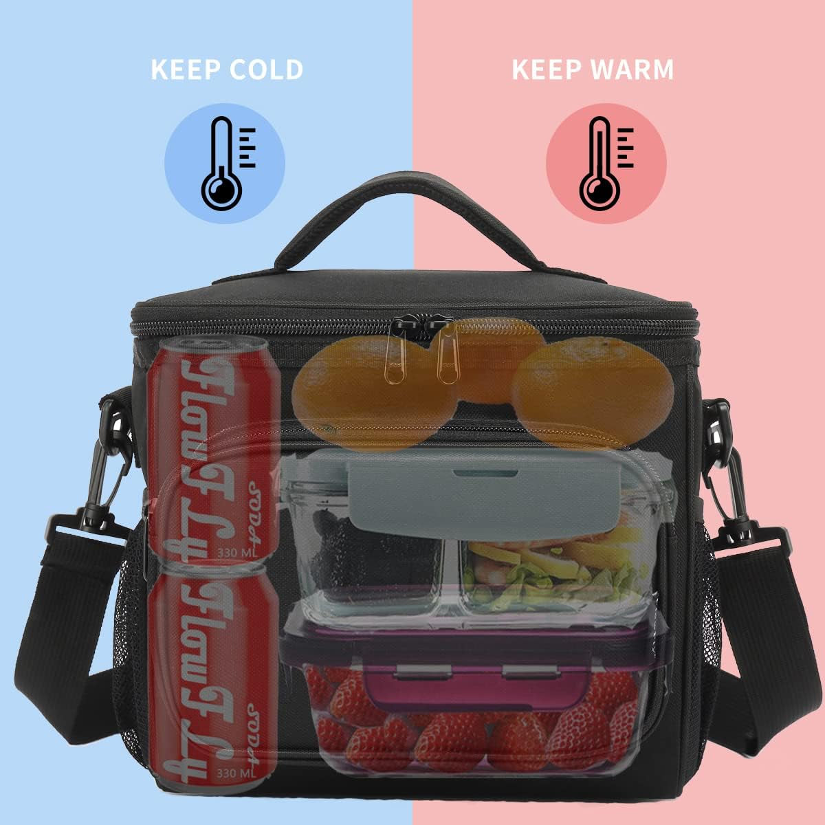 Insulated Lunch Bag for Adults - Spacious Cooler Tote with Adjustable Strap, Front Pocket, and Dual Large Mesh Side Pockets in Black