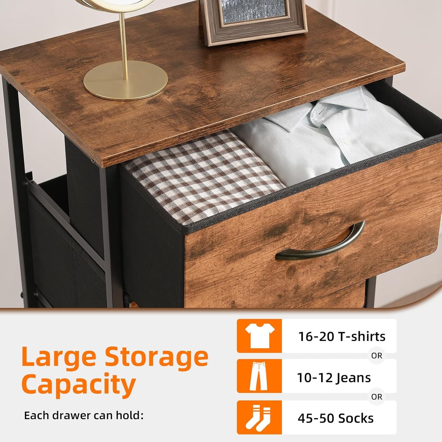 Tall Dresser for Bedroom with 4 Drawers, Storage Organizer Chest of Drawers with Removable Fabric Bins for Living Room Closet Bedside Nursery Laundry Entryway Hallway, Wood Grain Print