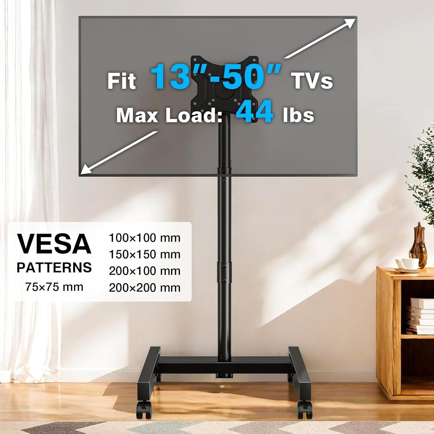 Mobile TV Stand with Wheels for 13-50 Inch LED and LCD Screens, Adjustable Tilting and Rotating Mount, Height-Adjustable Rolling Cart