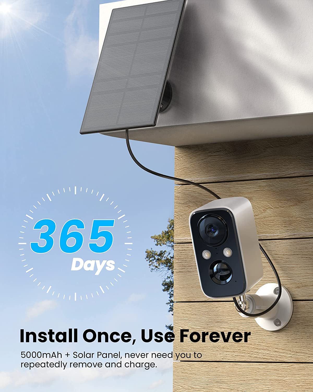 Wireless Outdoor Solar Security Camera - Home Surveillance System - Color Night Vision, PIR Human Detection, Two-Way Audio, IP66 Waterproof, and 2.4G WiFi Connectivity