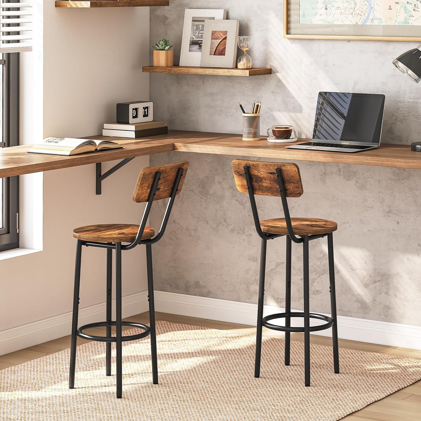 Set of 2 Adjustable Bar Stools with Footrest and Backrest, Rustic Brown and Black, Easy Assembly for Kitchen, Living Room, Bar