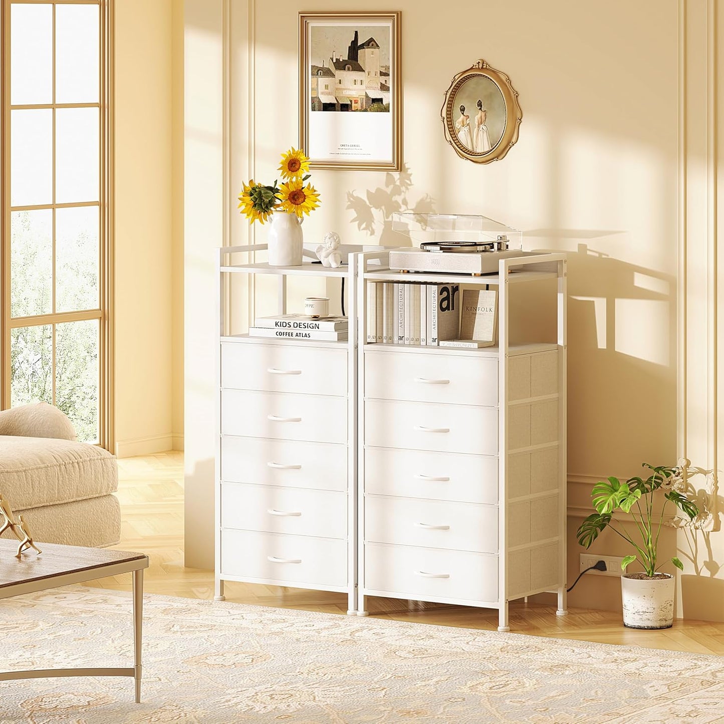 Elegant White Nightstands - 5 Storage Drawers, Tall Bedroom Dresser, LED Light Charging Station, Shelf Side Table, Metal Frame