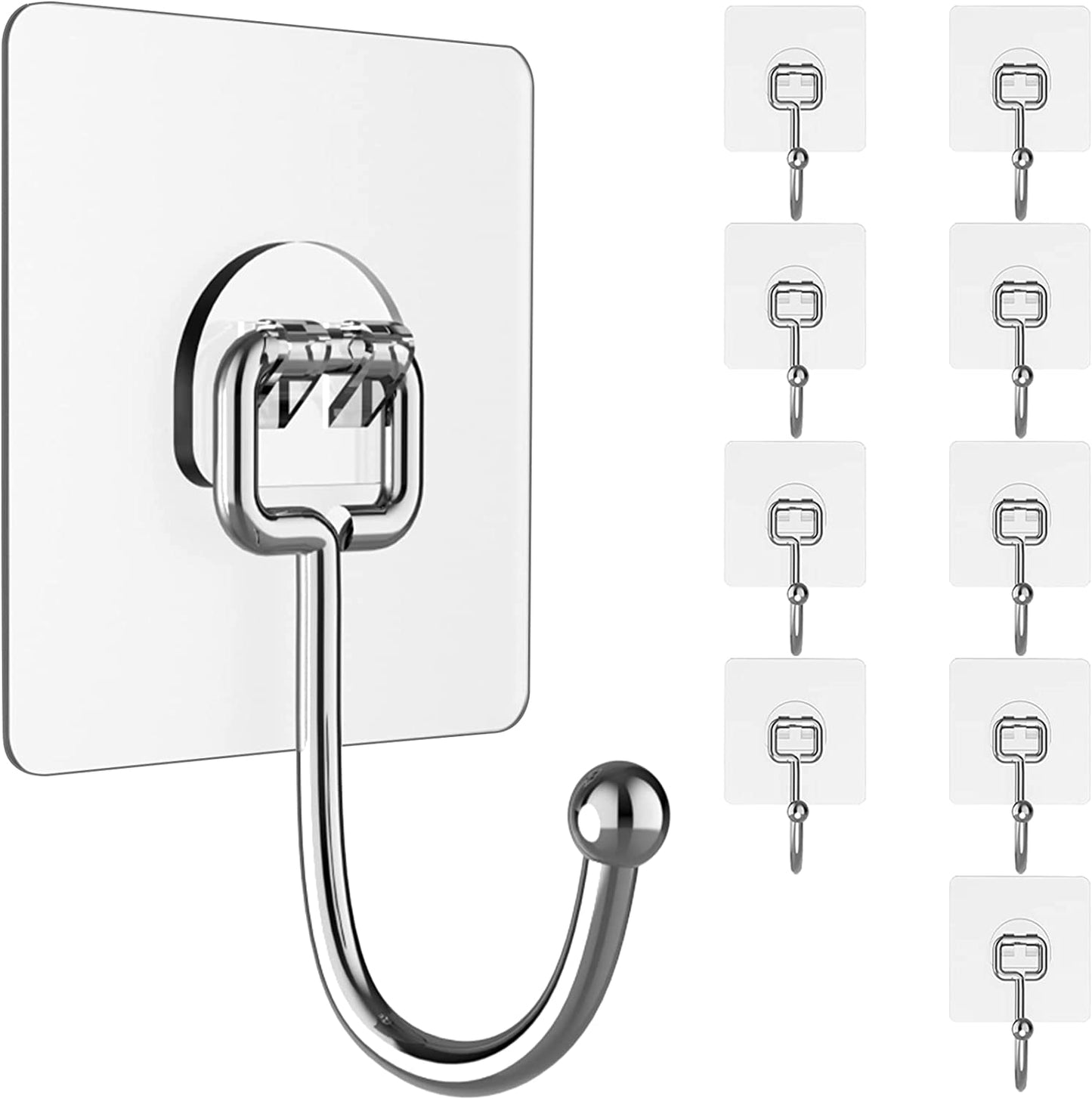 Heavy-Duty Large Adhesive Hooks - 10 Pack, 44 lb Max Capacity, Traceless Clear Removable Wall Hooks, Waterproof, Rustproof