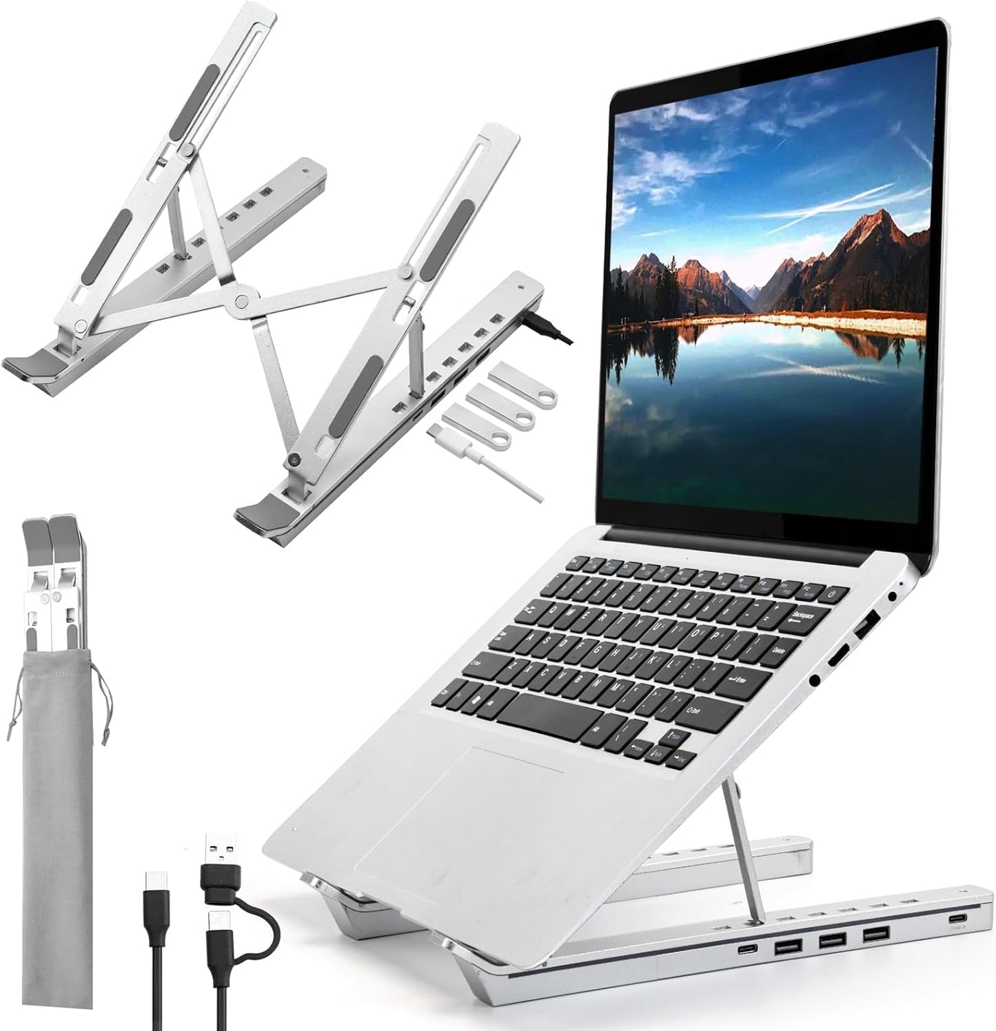 Laptop Stand with Usb、Type C and RGB Lights, Aluminum Adjustable Foldable Laptop Stand for Desk, Ergonomic Portable Laptop Riser Holder