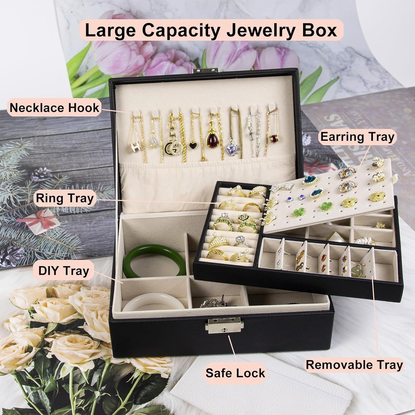 Elegant 2-Layer Jewelry Organizer Box in Black PU Leather with Soft Lining and Lock for Rings, Earrings, Necklaces, Bracelets