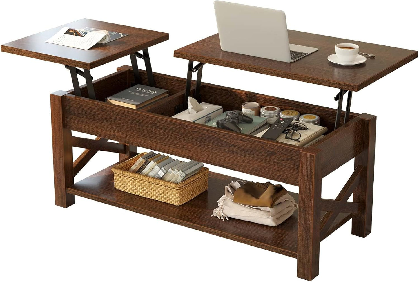 47.2" Lift Top Coffee Table with Hidden Compartment and Open Shelf, Rustic Brown Farmhouse Center Table