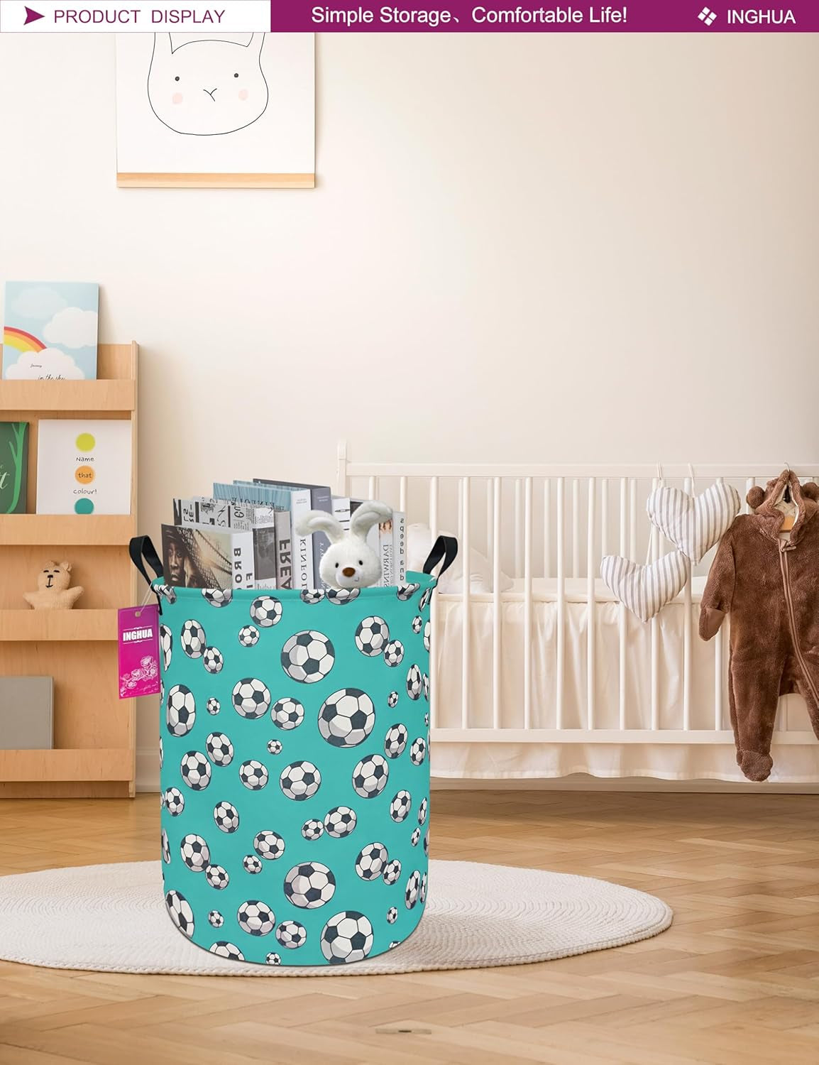 Laundry Hamper Large Canvas Fabric Lightweight Storage Basket/Toy Organizer/Dirty Clothes Collapsible Waterproof for College Dorms, Boys and Girls Bedroom,Bathroom(Football)