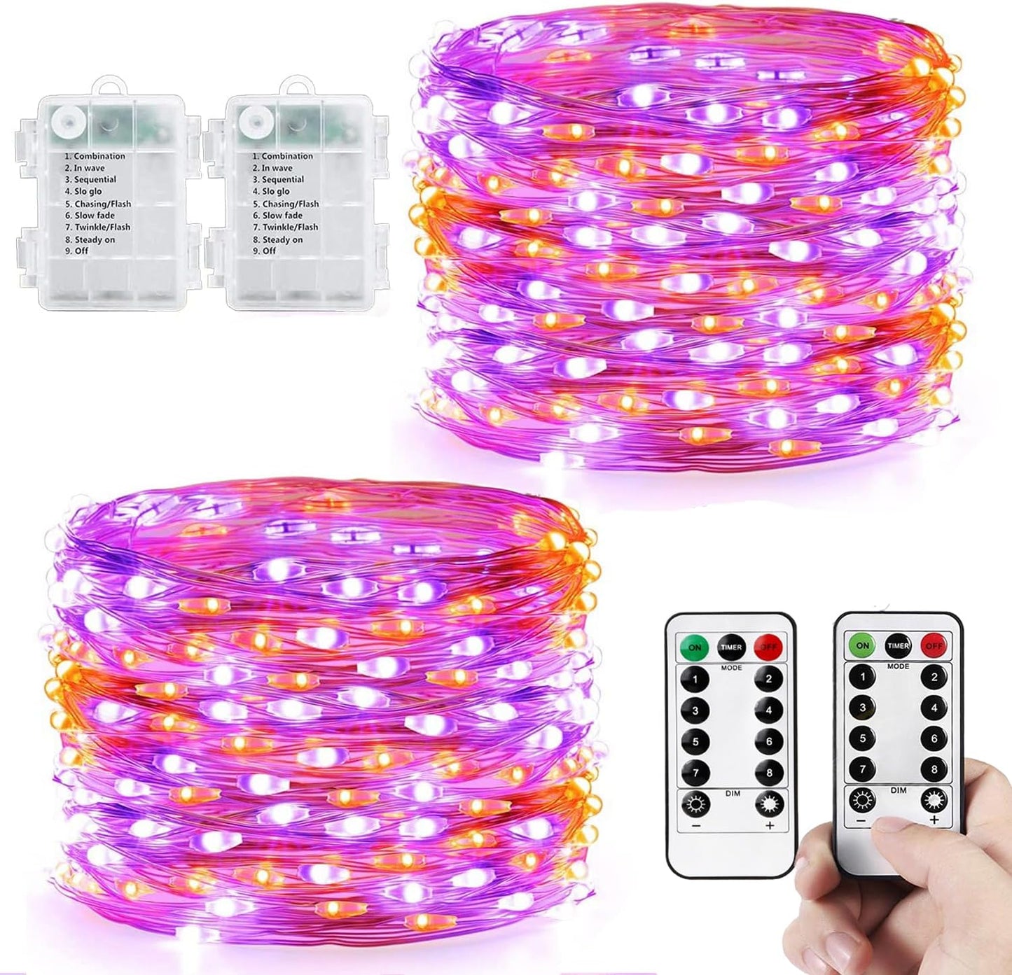 2-Pack Waterproof Battery-Operated Fairy Lights, 66ft with 200 LEDs, Remote Control - 8 Modes and Timer, Copper Wire Twinkle Lights
