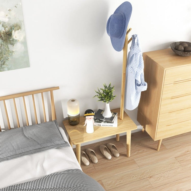 Solid Wood Coat Rack End Table with Integrated Side Table Design