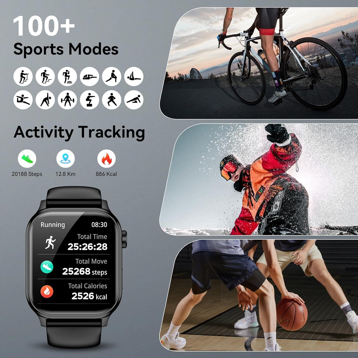 Premium Bluetooth Smart Watch for Men and Women - 1.85" HD Touch Screen Fitness Tracker with IP67 Waterproof Rating, Heart Rate and Sleep Monitoring, 100+ Sports Modes, Compatible with iOS and Android (Black)