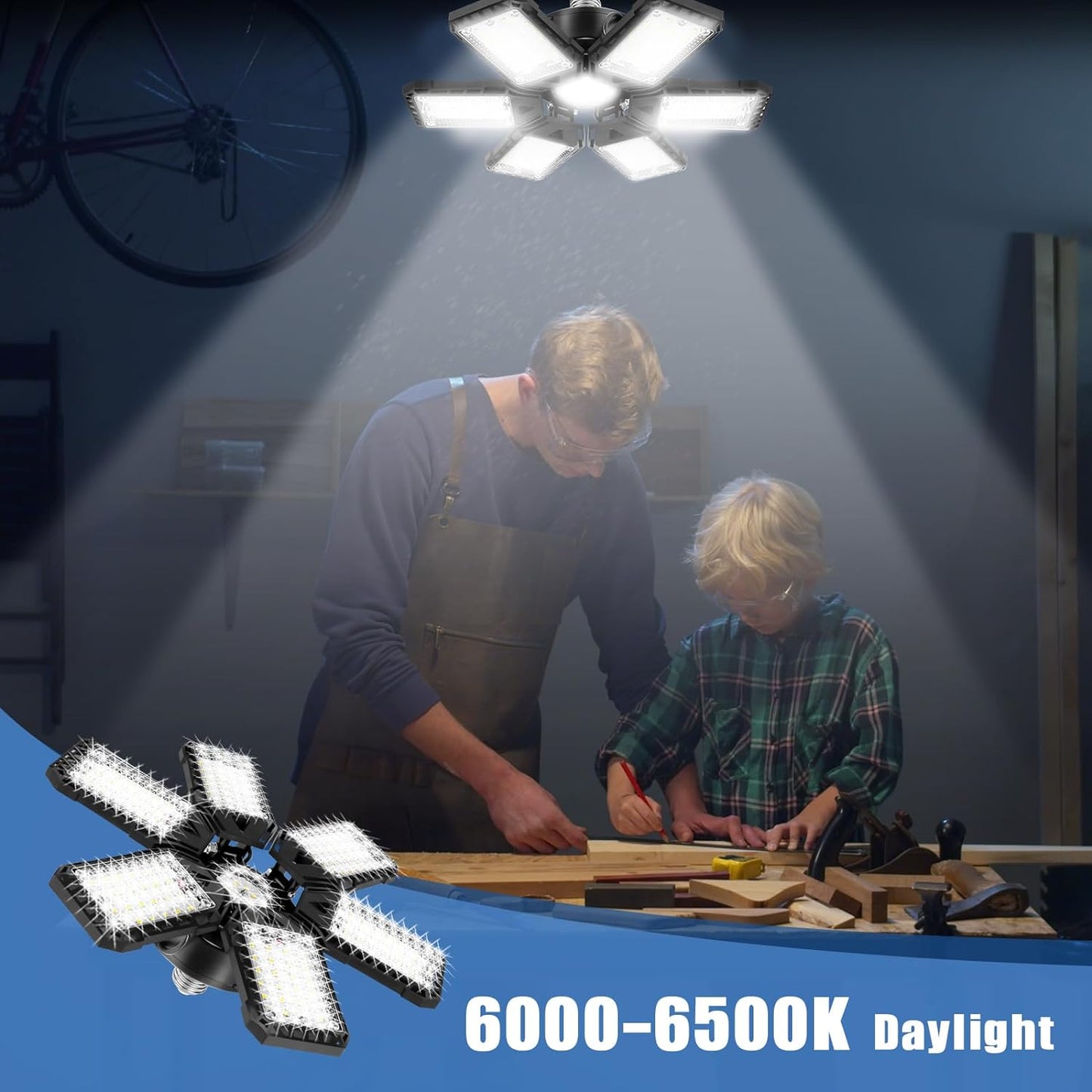 LED Garage Light Bulb 2-Pack - 180W, 18000LM, 6500K with 6+1 Deformable Panels for Garage, Warehouse, Shop, and Basement Use, E26/E27 Compatible