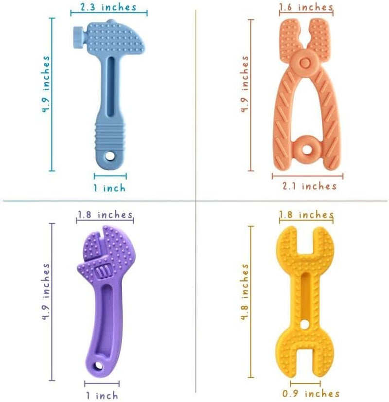 Baby Teether Toys, Soft Silicone Bpa-Free, 3-12 Months, Hammer Wrench Set, Easy to Hold & Clean (4 Pack)