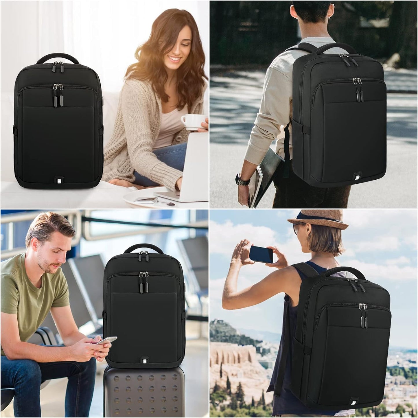 15.6-Inch Anti-Theft Laptop Backpack with USB Charging Port - Large Waterproof Travel Backpack for Work and School, Black