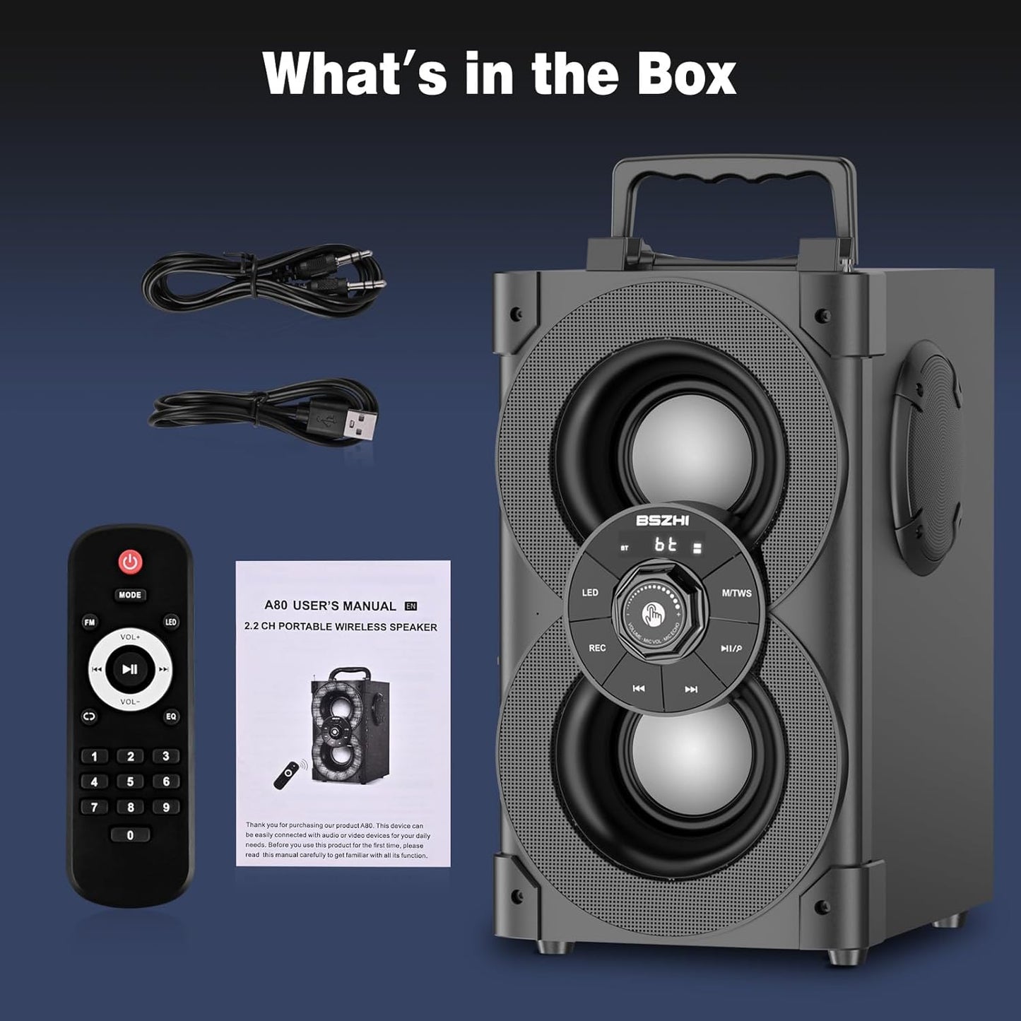 80W Portable Bluetooth Speakers - High-Performance Wireless Stereo Sound Boombox with Subwoofer, FM Radio, LED Lights, Remote Control