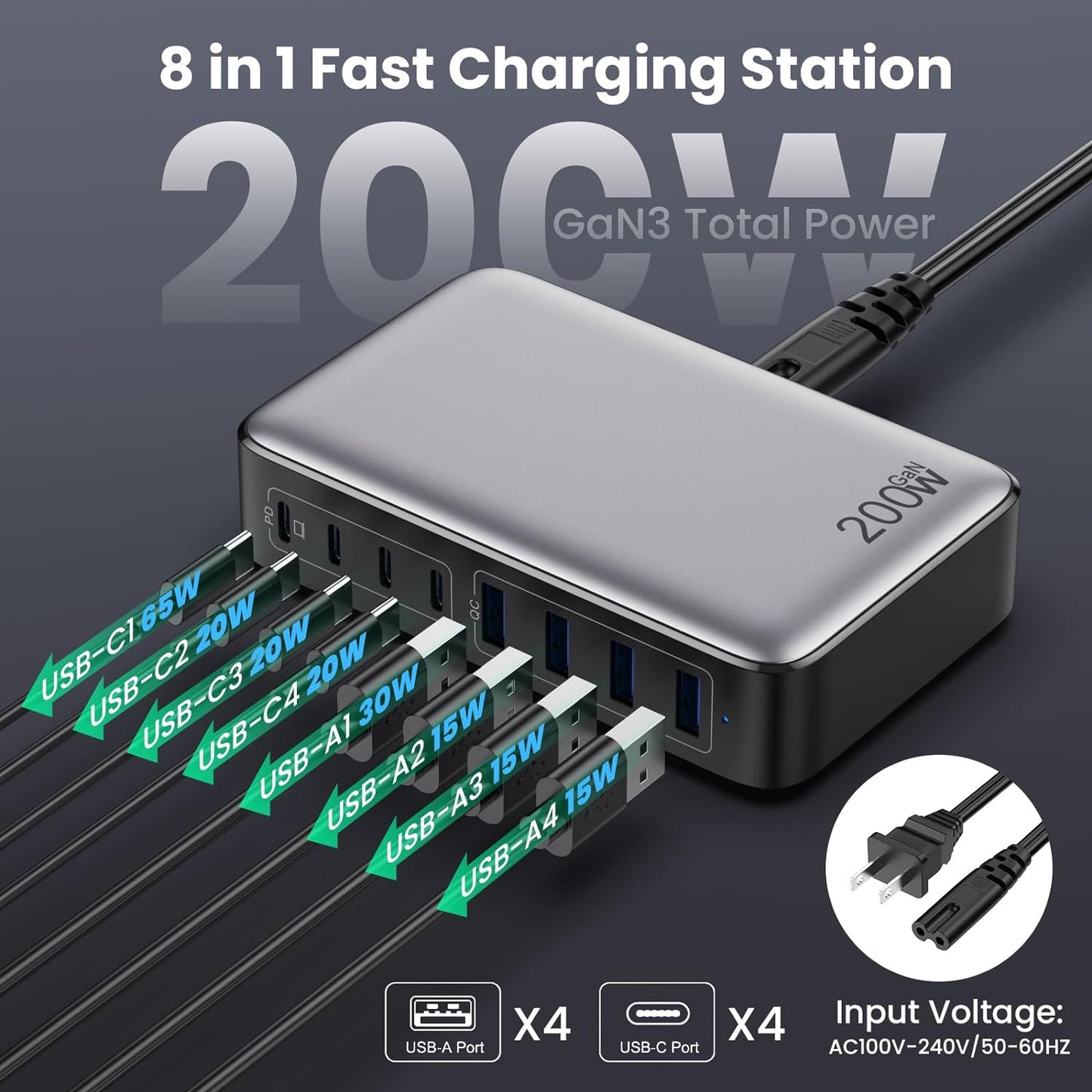 200W USB-C Fast Charging Station with 8 Ports, GaN III Technology, 65W Laptop Charger Adapter - Black