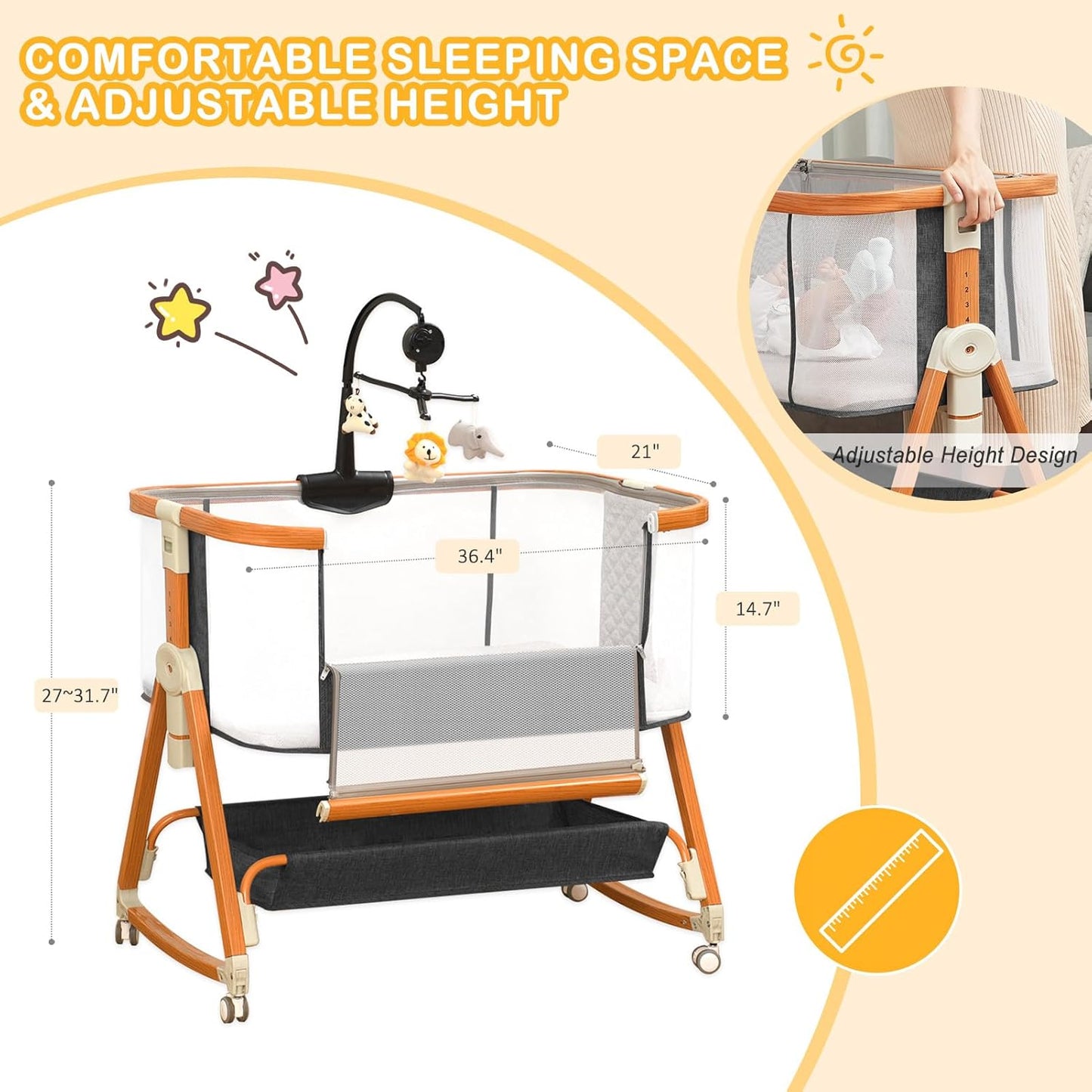 3-in-1 Adjustable Height Baby Bassinet - Musical Toy, Wheels, Storage Basket - 4-Sided Mesh Bedside Sleepe, Newborns (0-6 Months) Black