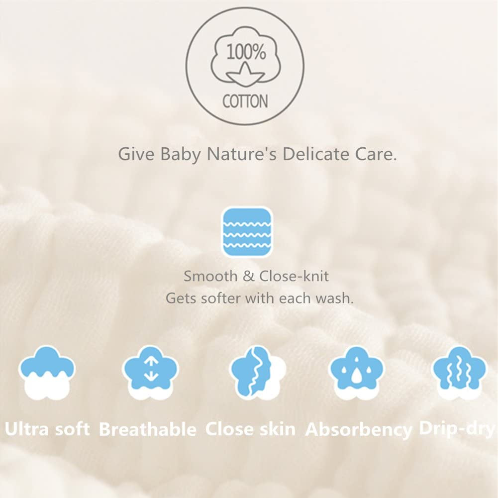 Baby Muslin Washcloths - Natural Muslin Cotton Baby Wipes - Sensitive Skin- 10 Pack 12X12 Inches (White)