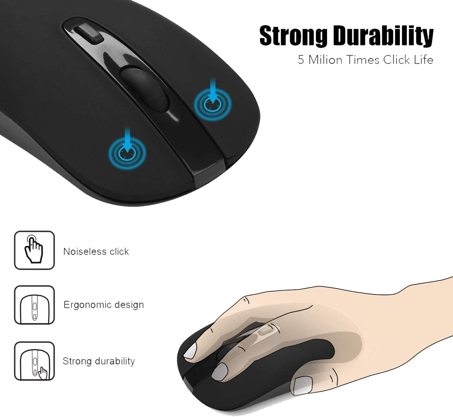 Wireless Ergonomic Optical Mouse with 2.4G Nano Receiver - Low Noise Design for Laptop, Desktop, and MacBook (Black)