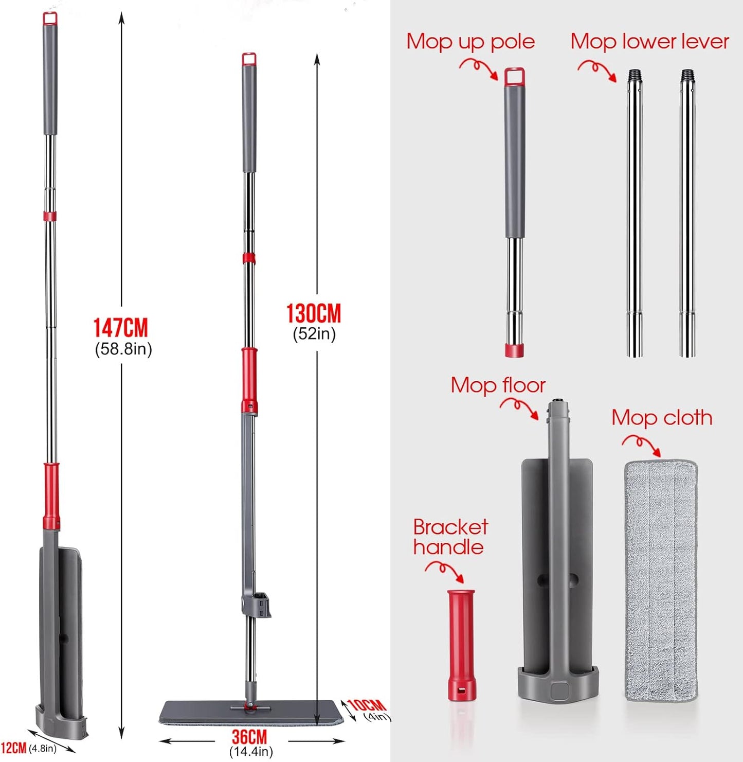Self-Wringing Microfiber Flat Mop with 6 Washable Pads - Hands-Free Cleaning Solution for Hardwood, Laminate, and Tile Floors - Grey