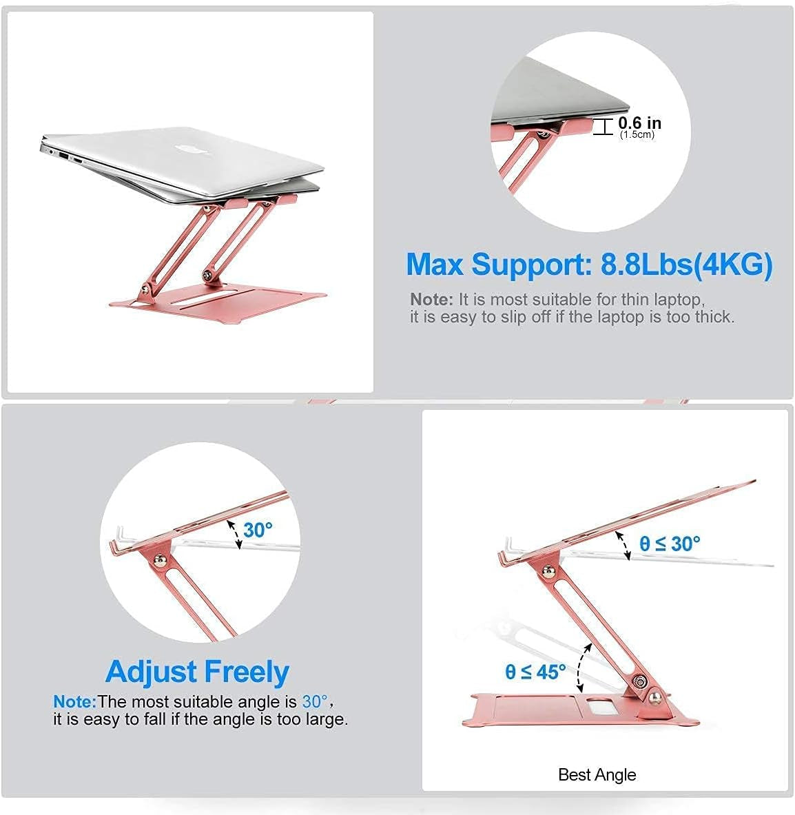 Adjustable Laptop Notebook Stand - Portable Riser Compatible with 10-15.6" Laptops, Including MacBook Air/Pro, HP, Dell XPS, and Lenovo (Rose Gold)