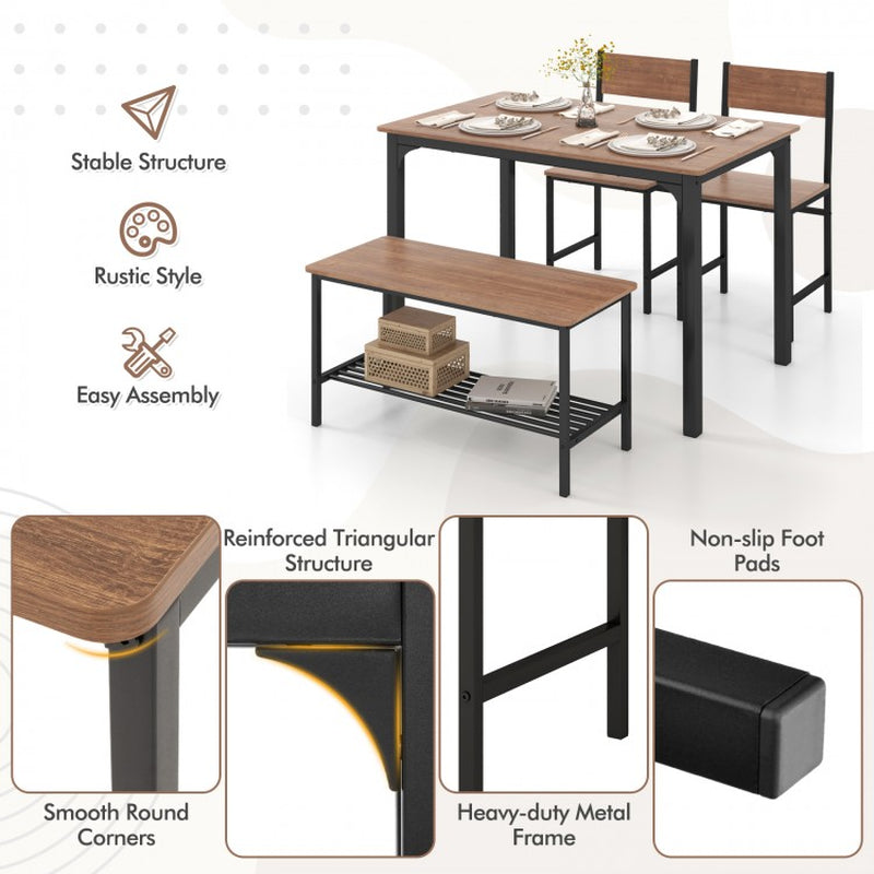 Rustic 4-Piece Dining Table Set with Two Chairs and Bench
