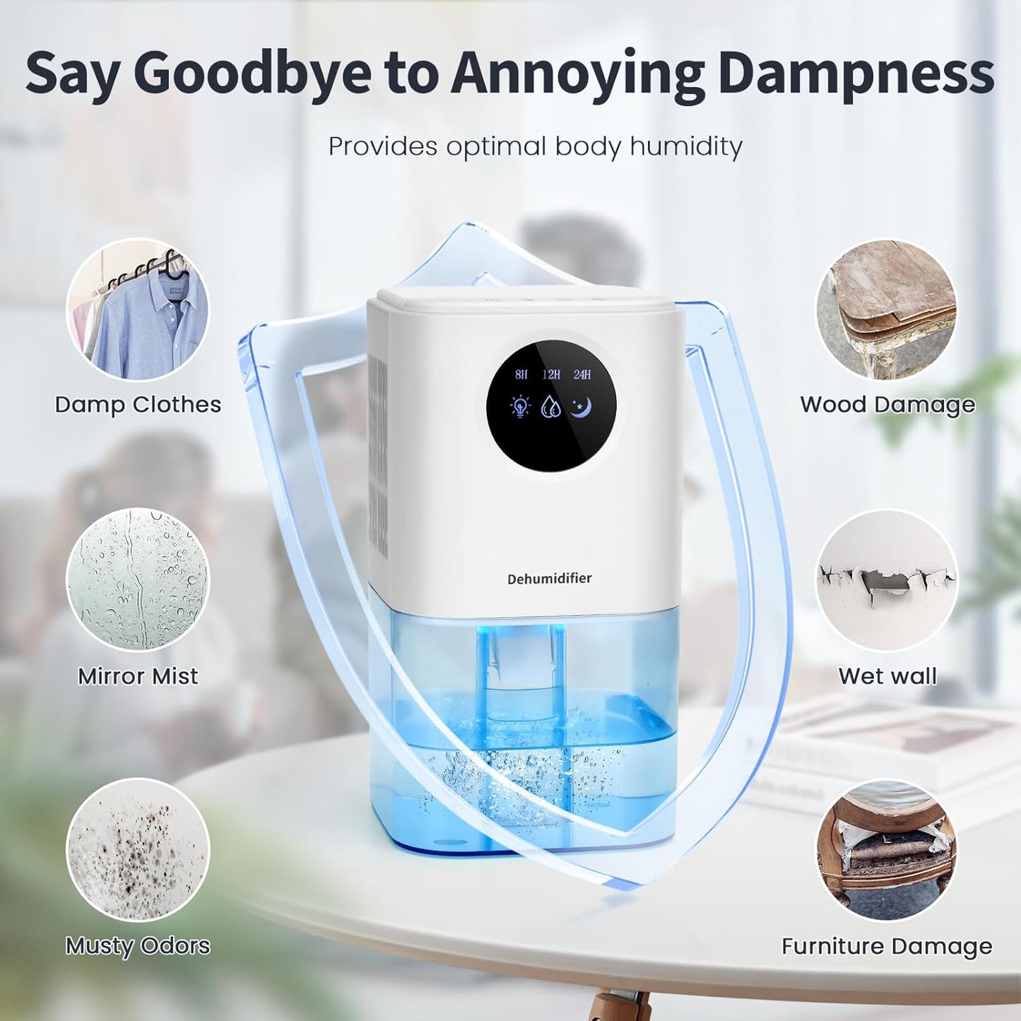 Compact 58 OZ Dehumidifier for Home, Suitable for 250 Sq.Ft, Portable Mini Unit with 7 Color LED Light, Auto Shut Off, Timer, Energy Efficient - White