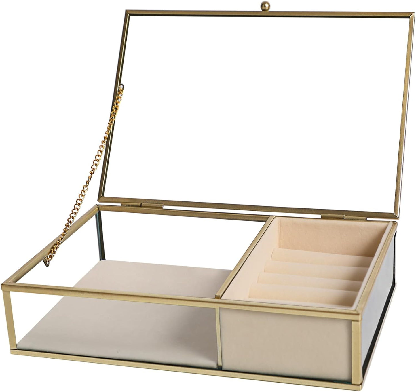 Elegant Glass Jewelry Box with Gold Metal Frame, Velvet Tray, and Trinket Chest - Clear Keepsake Display Case