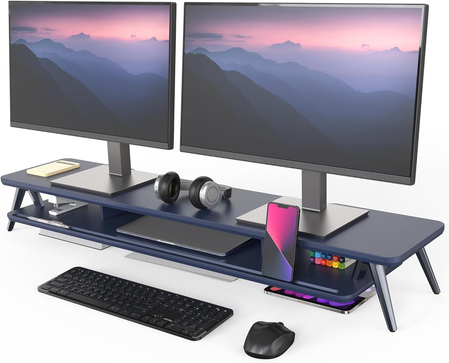 Dual Monitor Stand with Storage Organizer and Cable Management, 42.5-Inch Wooden Desk Shelf for Office Use (White)
