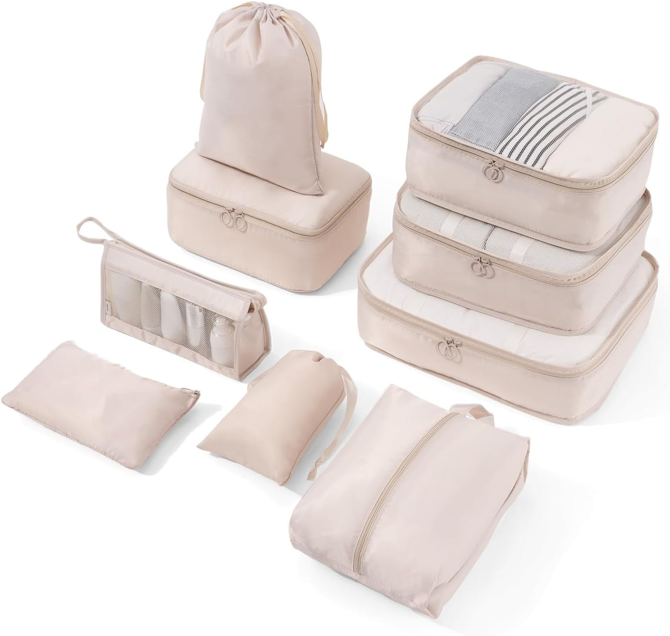 Travel Packing Cubes Set - 9-Piece Waterproof Organizers for Suitcases and Luggage, Multi-Functional Clothing Storage (Beige)