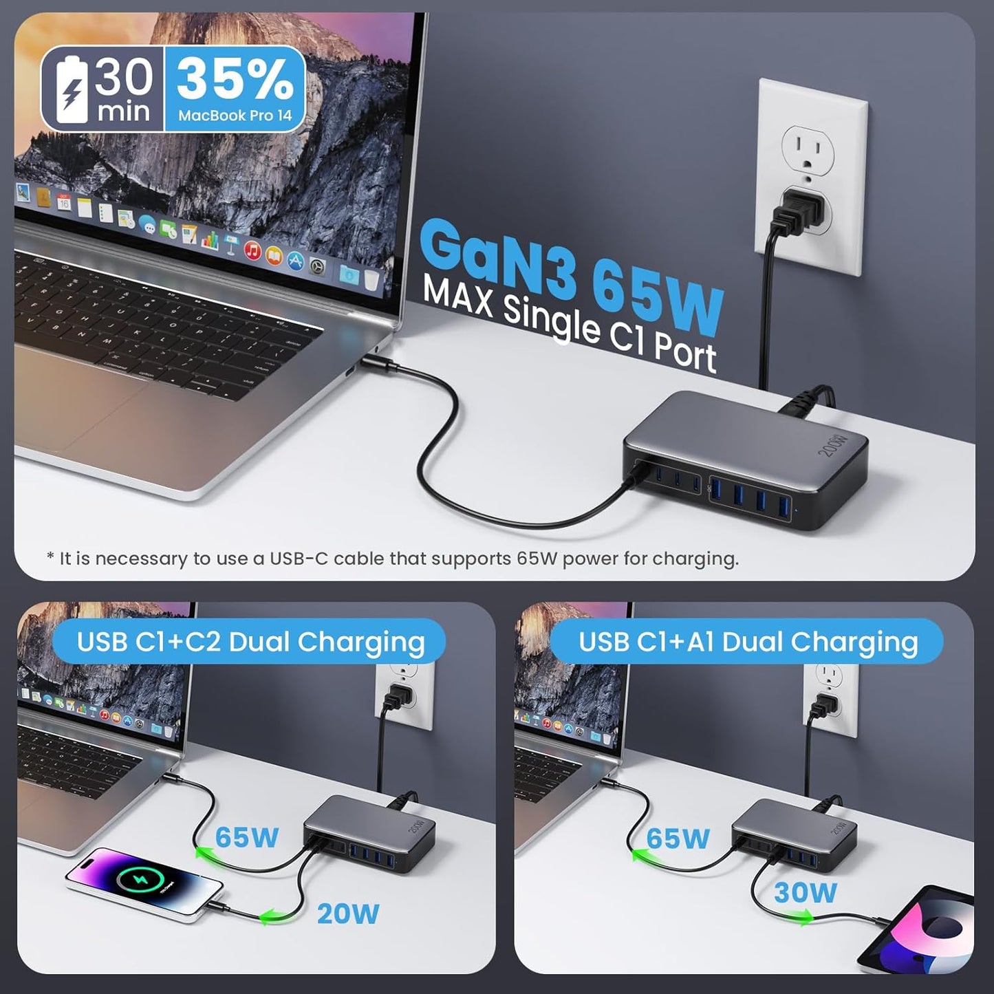 200W USB-C Fast Charging Station with 8 Ports, GaN III Technology, 65W Laptop Charger Adapter - Black